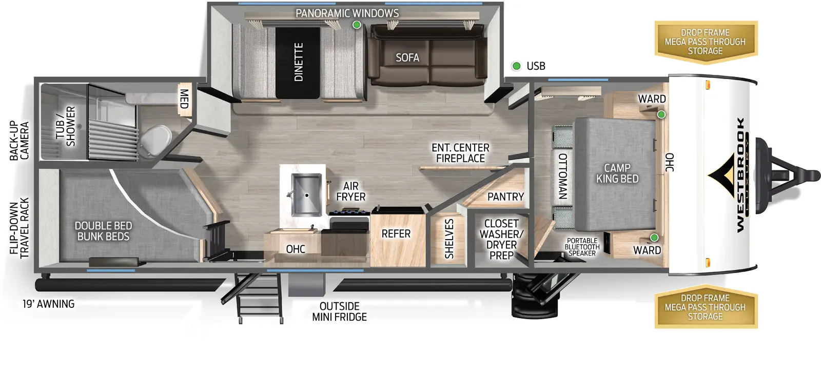 The Westbrook Luxury 285BHLC floorplan has two entries and one slide out. Exterior features include: fiberglass exterior and 19' awning. Interiors features include: bunk beds and front bedroom.